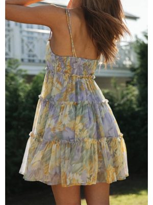 Womens 2025 Summer Floral Mini Dress Boho Flowy Skater Dresses Short Sleeveless Ruffle Spaghetti Strap Dress