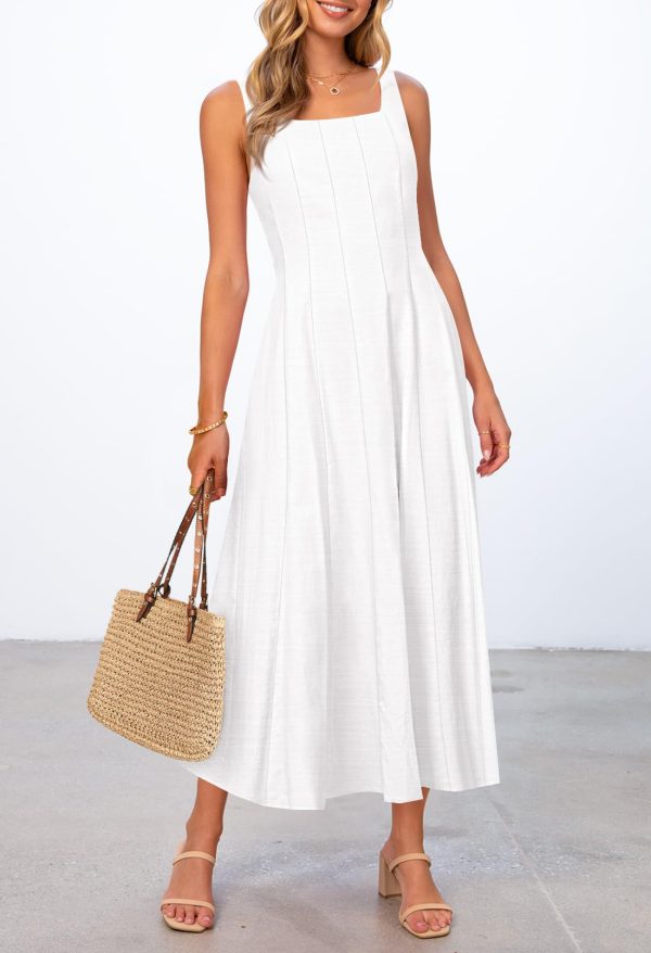 Women's 2025 Summer Sleeveless Midi Dress Square Neck Smocked Flowy A Line Beach Dresses