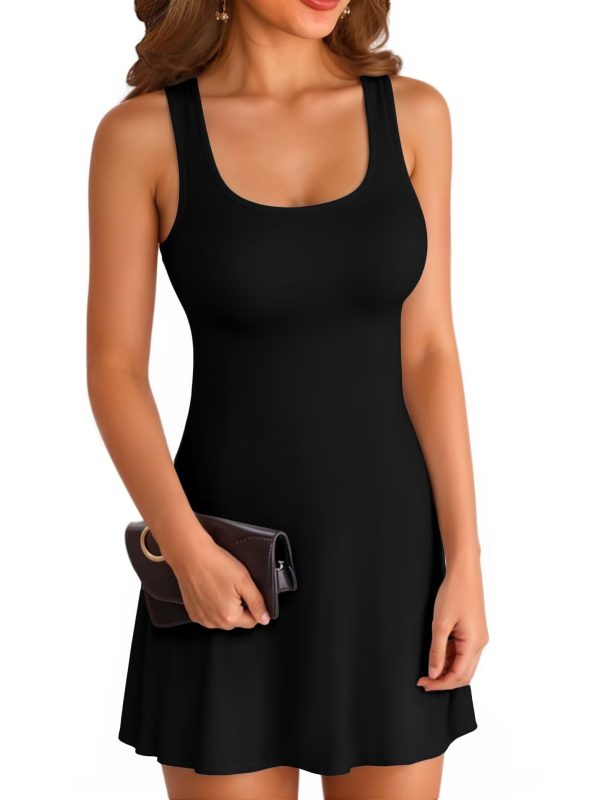 Womens Summer Ribbed Knit Square Neck Dress A Line Flare Mid-Thigh/Above Knee/Mini Ruffle Swing Sundress