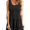 Womens Summer Dresses 2025 Sleeveless Button Down Smocked Empire Waist Ruffle Tiered Casual Swing Mini Dress