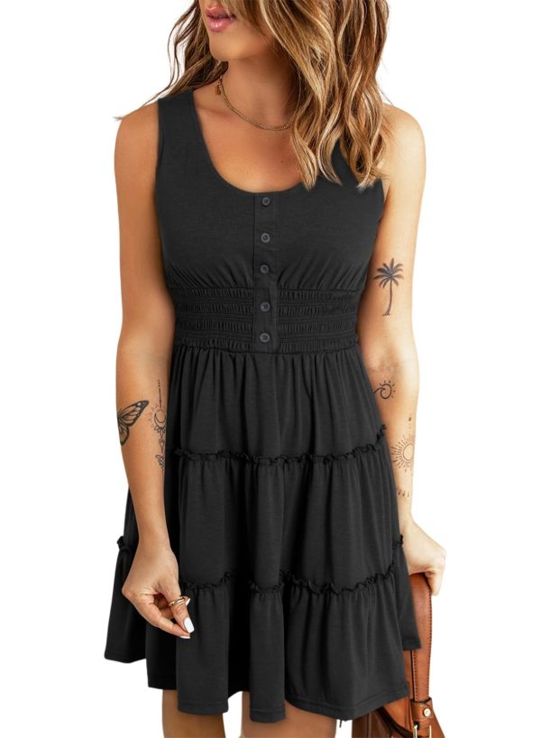 Womens Summer Dresses 2025 Sleeveless Button Down Smocked Empire Waist Ruffle Tiered Casual Swing Mini Dress