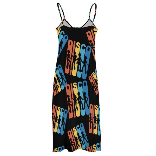 Vintage 1970's Disco Maxi Dress for Women Summer Casual Sleeveless V Neck Spaghetti Dresses