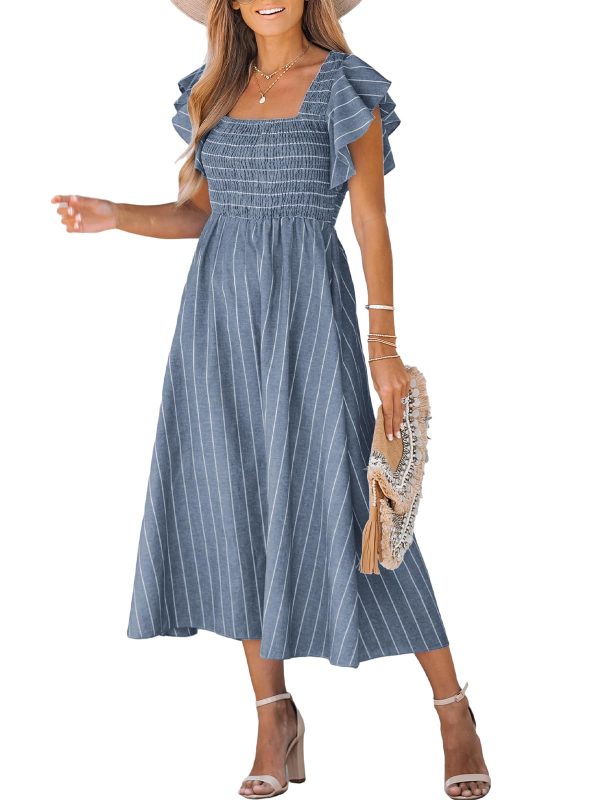 Women's Summer Dress Square Neck Striped Smocked Dress Ruffled Cap Sleeves Dress A Line Maxi Formal Dress