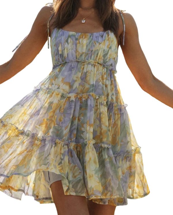 Womens 2025 Summer Floral Mini Dress Boho Flowy Skater Dresses Short Sleeveless Ruffle Spaghetti Strap Dress