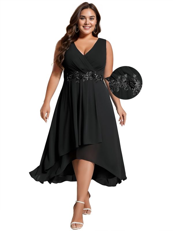 61PFScY41EL.jpg Women's Summer Chiffon Sleeveless V Neck Applique Plus Size High Low Formal Wedding Guest Dresses 41926-DA