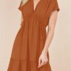Womens Summer Dresses 2025 Short Sleeve V Neck Empire Waist Drawstring Casual Ruffle A-Line Swing Mini Babydoll Dress