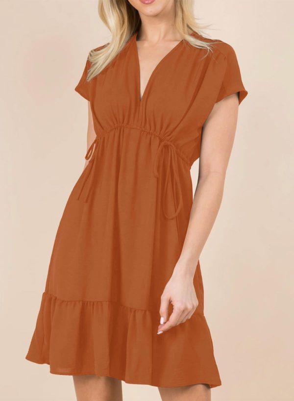 Womens Summer Dresses 2025 Short Sleeve V Neck Empire Waist Drawstring Casual Ruffle A-Line Swing Mini Babydoll Dress