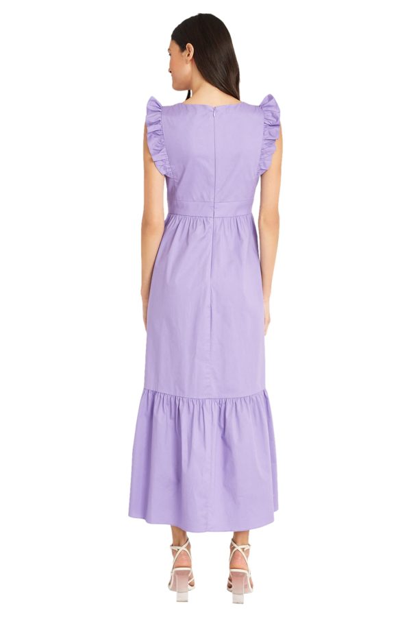 Women's V-Neck Ruffle Details Cotton Poplin Maxi Dress