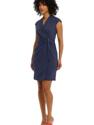 Women's Wrap Look Twist Detail Cap Sleeve Dress Career Office Workwear Event Guest of