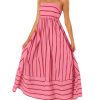 Women's Striped Back Smocked Maxi Dress Sexy Spaghetti Strap Cut Out Flowy Swing Long Dress