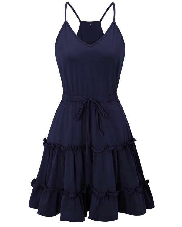 Women's 2025 Summer Dress Spaghetti Strap Casual Boho Beach Vacation Outfits Drawstring Ruffle Hem Sundress Trendy