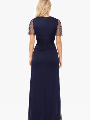 Women's Sheer Matte Jersey Maxi Dress with Beaded Sleeves and Side Ruching