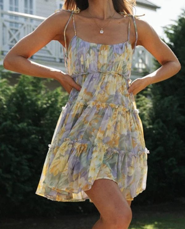 Womens 2025 Summer Floral Mini Dress Boho Flowy Skater Dresses Short Sleeveless Ruffle Spaghetti Strap Dress