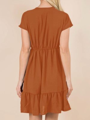 Womens Summer Dresses 2025 Short Sleeve V Neck Empire Waist Drawstring Casual Ruffle A-Line Swing Mini Babydoll Dress