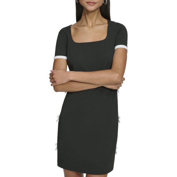 Women's Short Sleeve Square Neck Bow Embellished Shift Mini Dress