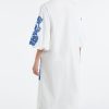 Women Casual V-Neck Mid Dress Floral Embroidery 3/4 Sleeves Spring Summer Tunic Dress Loose Zip Party Dress with Pocket