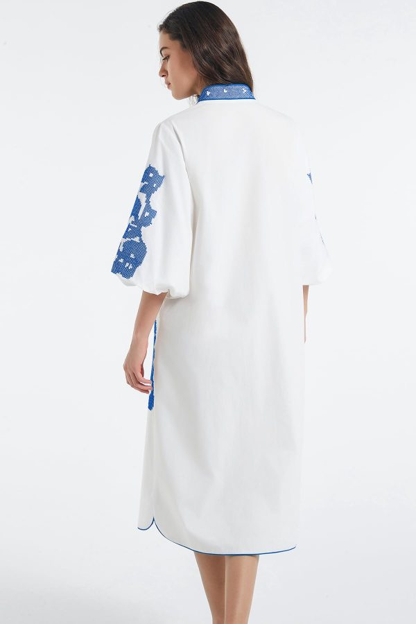 Women Casual V-Neck Mid Dress Floral Embroidery 3/4 Sleeves Spring Summer Tunic Dress Loose Zip Party Dress with Pocket