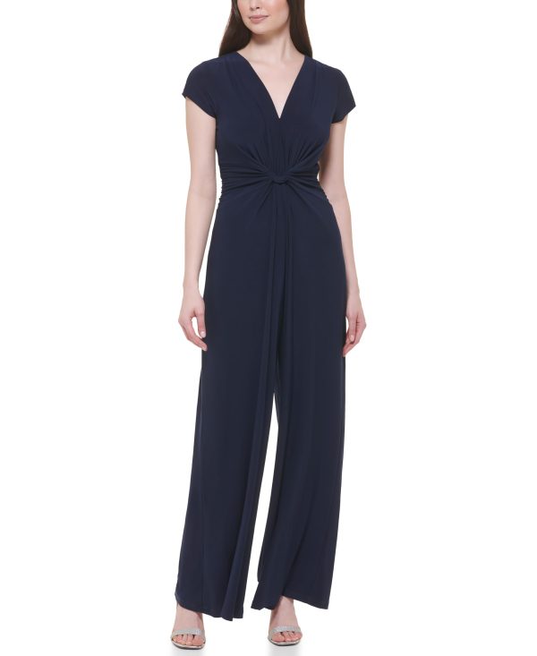 Womens Short Sleeve V-neck Twist Front Summer Jumpsuit