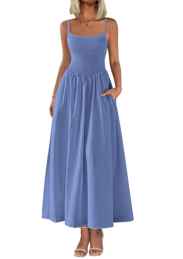 Women's Smocked Maxi Dresses 2025 Summer Beach Sundress Casual Spaghetti Strap Swing A Line Long Flowy Dress