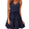 Women's 2025 Summer Dress Spaghetti Strap Casual Boho Beach Vacation Outfits Drawstring Ruffle Hem Sundress Trendy