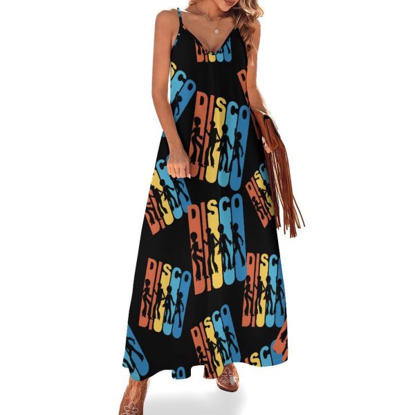Vintage 1970's Disco Maxi Dress for Women Summer Casual Sleeveless V Neck Spaghetti Dresses