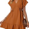 Womens Summer Dresses 2025 Short Sleeve V Neck Empire Waist Drawstring Casual Ruffle A-Line Swing Mini Babydoll Dress