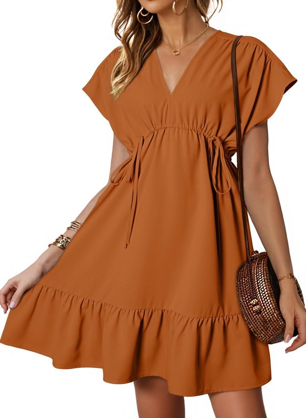 Womens Summer Dresses 2025 Short Sleeve V Neck Empire Waist Drawstring Casual Ruffle A-Line Swing Mini Babydoll Dress