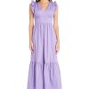 Women's V-Neck Ruffle Details Cotton Poplin Maxi Dress