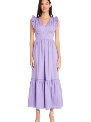 Women's V-Neck Ruffle Details Cotton Poplin Maxi Dress
