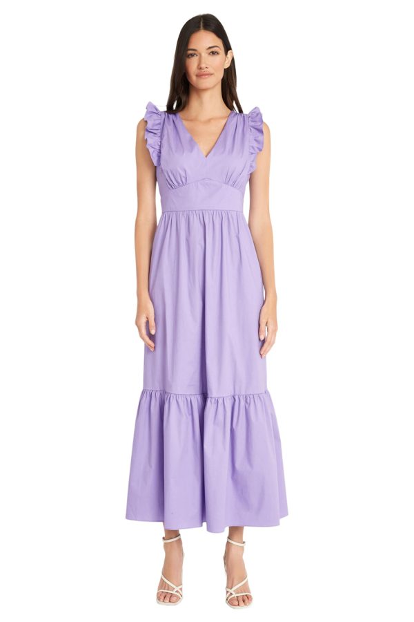 Women's V-Neck Ruffle Details Cotton Poplin Maxi Dress