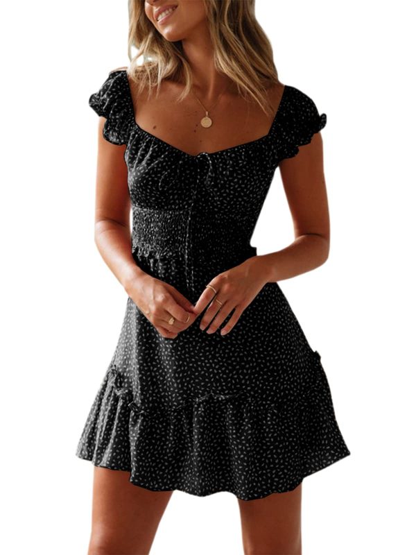 Womens Summer Ruffle Sleeve Sweetheart Neckline Printing Dress Mini Dresses