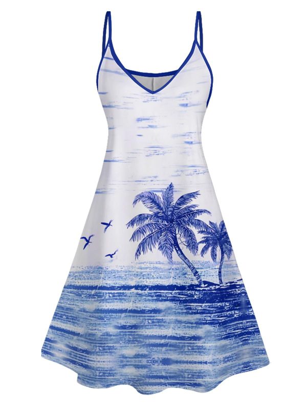 Couple Matching Hawaiian Outfits Coconut Tree Seagull Print Cami Dress or Men's Short Sleeve Button Up Shirt