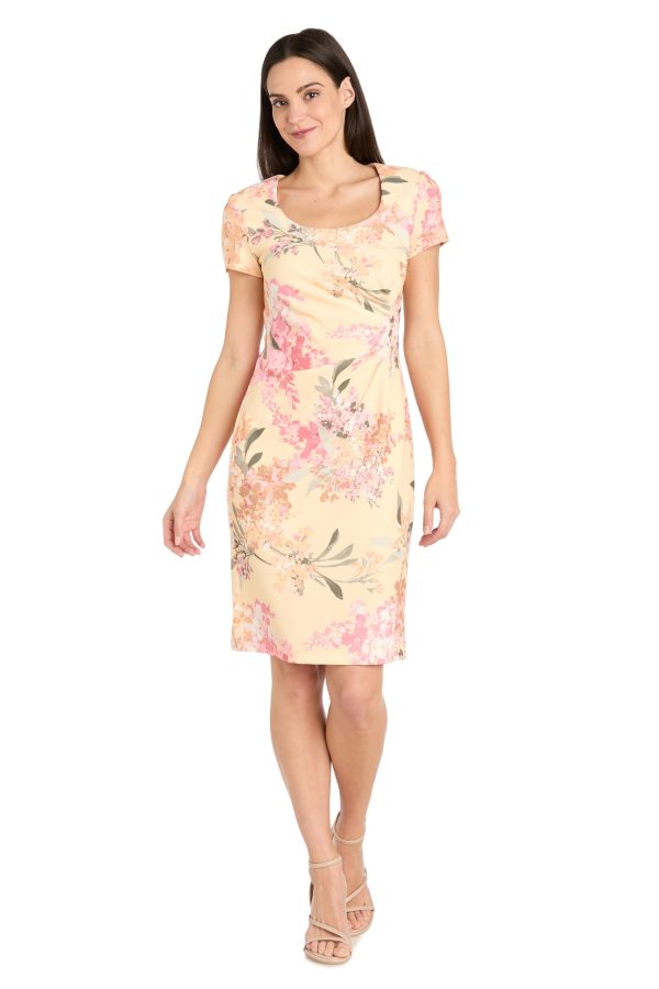 Sunlit Floral Square-Neck Sheath Dress W/Pleated Waist