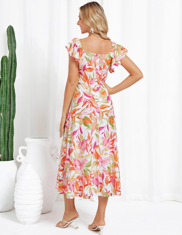 Women Summer Floral Dress Flutter Short Sleeve Casual Split Flowy Vacation Beach Midi Long Dresses