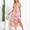 Women Summer Floral Dress Flutter Short Sleeve Casual Split Flowy Vacation Beach Midi Long Dresses