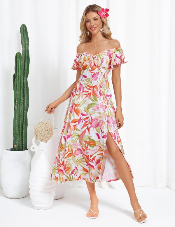 Women Summer Floral Dress Flutter Short Sleeve Casual Split Flowy Vacation Beach Midi Long Dresses