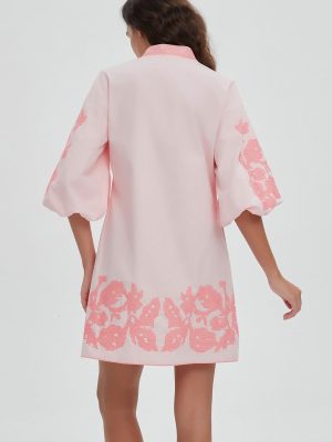 Women Mini Dress Summer 3/4 Puff Sleeves Embroidery Floral Tunic Mini Dress V Neck Loose Zip Party Dresses