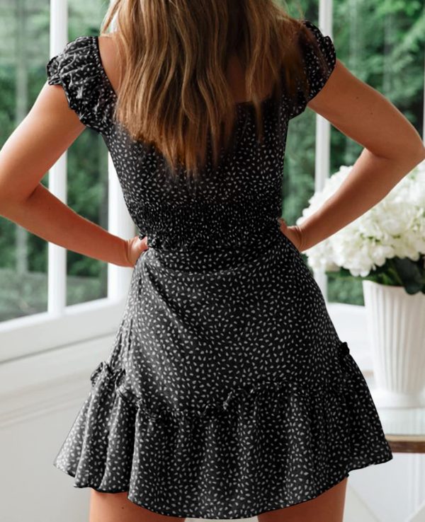 Womens Summer Ruffle Sleeve Sweetheart Neckline Printing Dress Mini Dresses