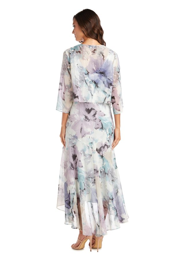 Elegant High Low Ruffle Floral Print Chiffon Dress W/ 3/4 Sleeve Sheer Coordinating Bolero