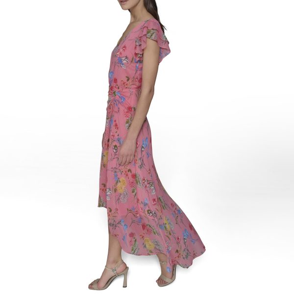 Women's Ruffle Sleeved Midi Printed High Low Dress