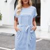 Women's Summer Striped Short Sleeve T Shirt Dress Casual Tie Waist with Pockets