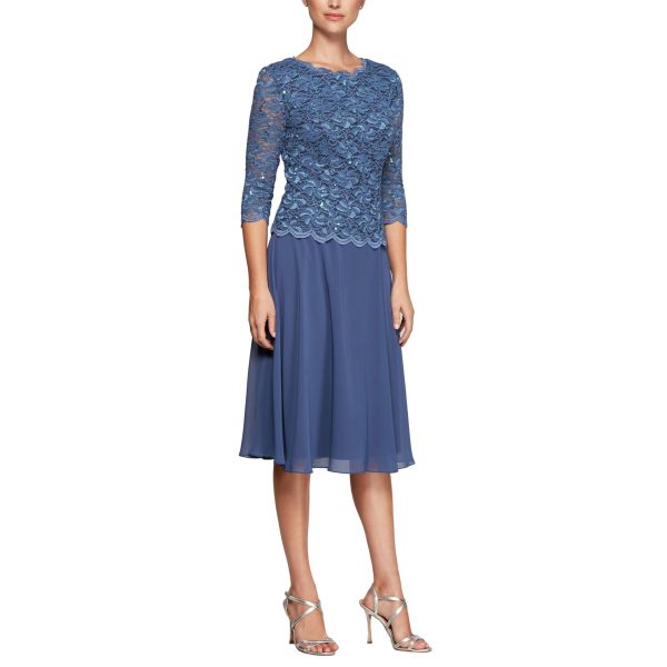 Women's Tea Length Embroidered Bodice Mother of The Bride Gown, Wedding Guest Dress (Petite and Regular Sizes)