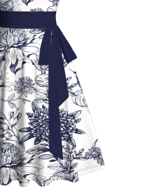 Matchable Couples' Hawaiian Outfit Porcelain Style Floral Print Men's Shirt Or Women's Belted Mini Dress