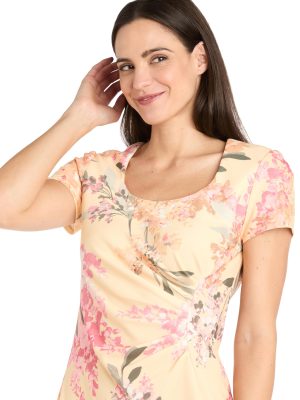 Sunlit Floral Square-Neck Sheath Dress W/Pleated Waist