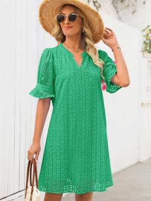 Women's 2025 Summer Short Sleeve Mini Dress V Neck Ruffle Hollow Out Eyelet Lace Dresses