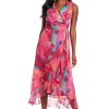 Women's Sleeveless Ruffle Detail Faux Wrap Tie Midi Dress