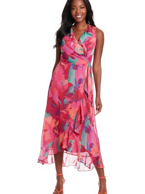 Women's Sleeveless Ruffle Detail Faux Wrap Tie Midi Dress