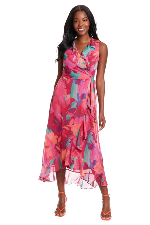 Women's Sleeveless Ruffle Detail Faux Wrap Tie Midi Dress