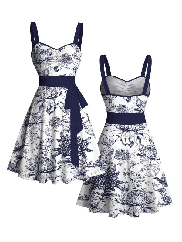 Matchable Couples' Hawaiian Outfit Porcelain Style Floral Print Men's Shirt Or Women's Belted Mini Dress