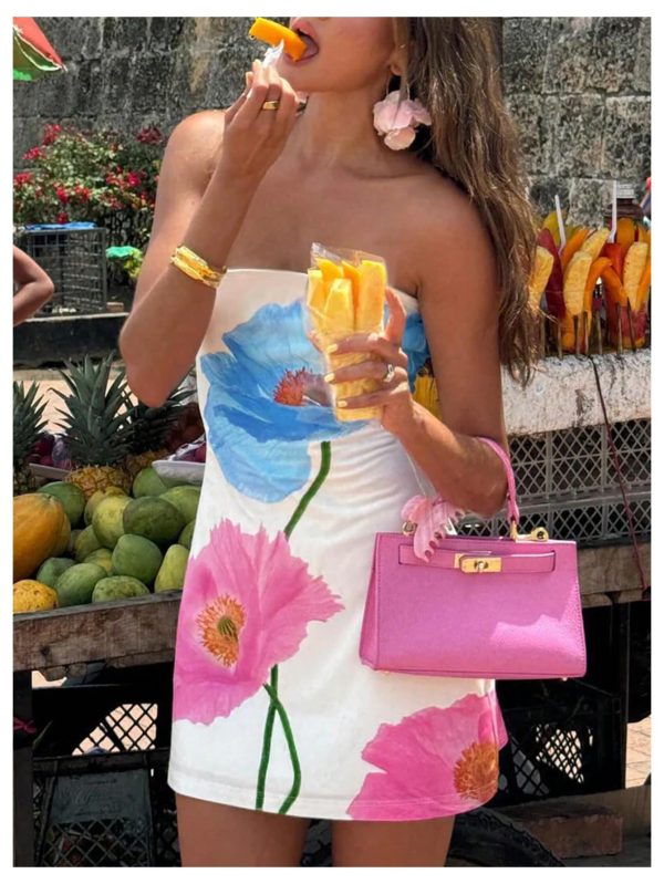 Women's Floral Print Mini Tube Dress Strapless Sleeveless Bodycon Dresses